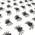 Scattered black plastic toy spiders on a white background, five sent per envelope
