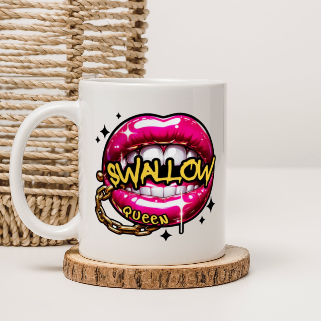 Swallow Queen Juicy Pink Lips White 11oz Ceramic Mug - Bold Statement Coffee Cup