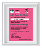 Framed pink Sniff Tester Certificate awarding Certified Level 3 Sniffologist, with a blank name line