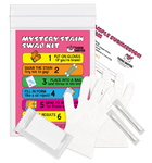 Mystery Stain Swab Kit in a clear pouch with a pink instruction card, disposable gloves, cotton swabs and a wipe